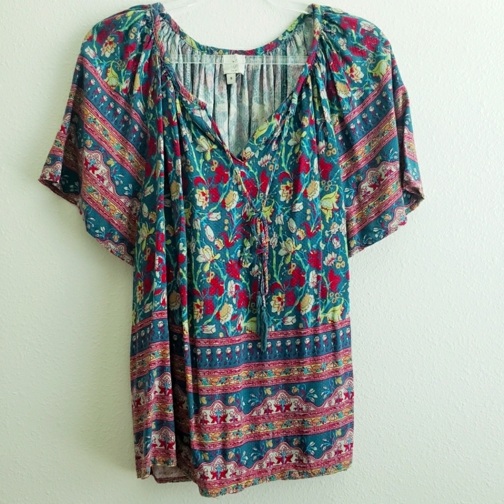 Joie Bohemian Peasant Blouse V-Neckline Short Sleeve